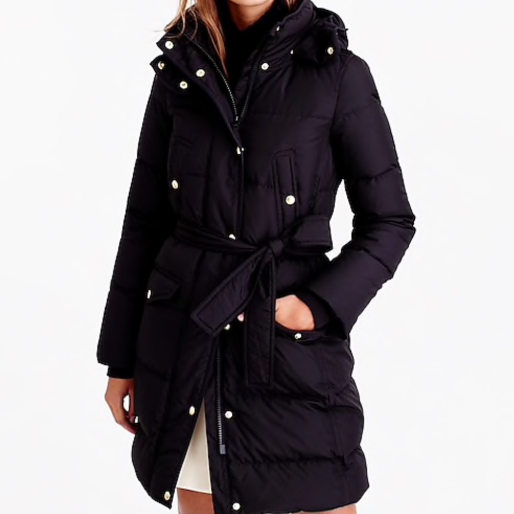J Crew Long Belted Puffer Parka Coat Black